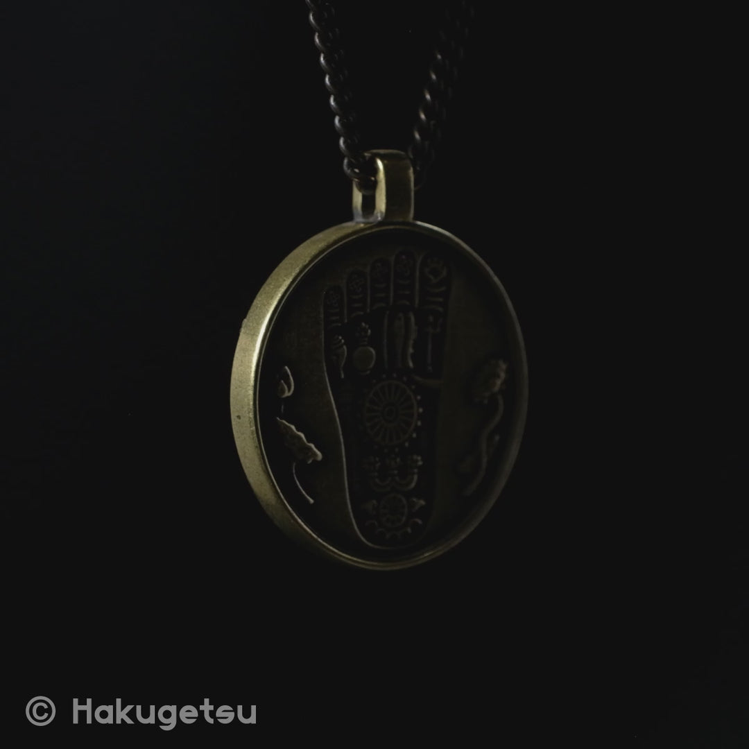 Coin Shaped Charm Necklace with Buddha Footprint and  Dharmachakra of Japanese Style