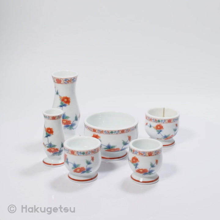 "Sayaka" Small Ceramic Buddhist Altar Set with Peony Design, 6-Piece