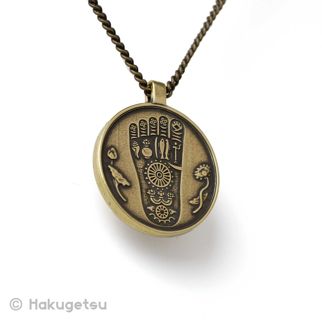 Coin Shaped Charm Necklace with Buddha Footprint and  Dharmachakra of Japanese Style - HAKUGETSU