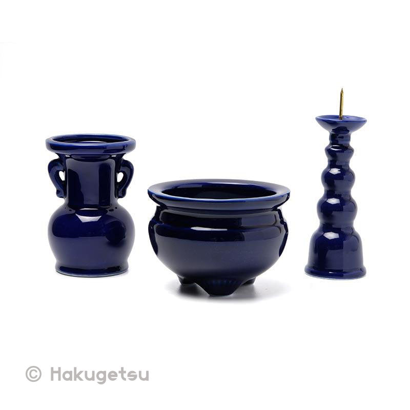 Three-Piece Buddhist Altar Set, Plain Bright Blue Ceramic - HAKUGETSU