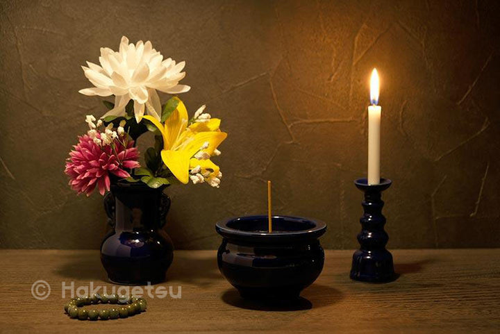 Three-Piece Buddhist Altar Set, Plain Bright Blue Ceramic - HAKUGETSU