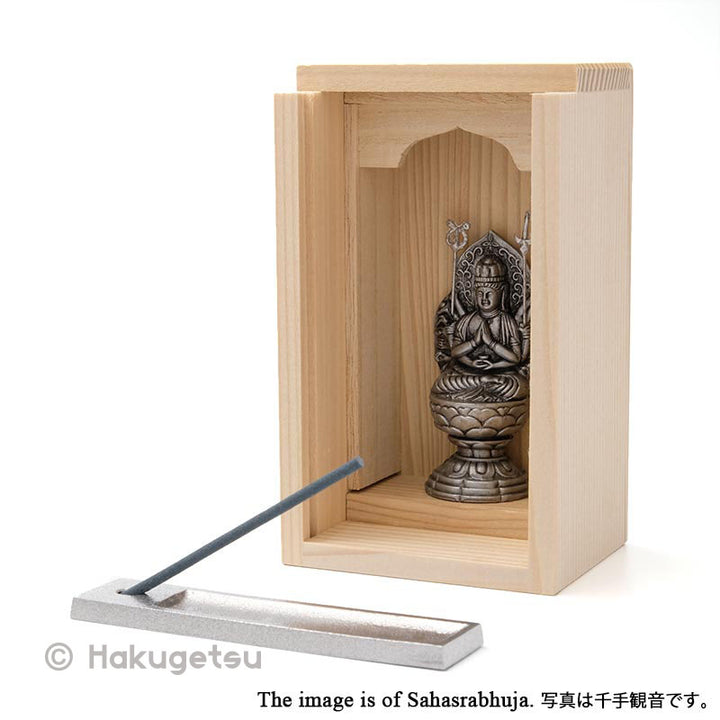 Statuette of Mañjuśrī in Wooden Cabinet with Incence & Holder - HAKUGETSU