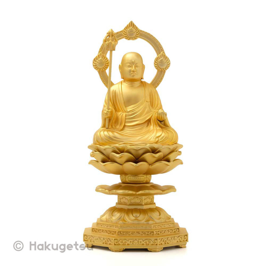 Statue of Kṣitigarbha Sedentary Image, Height 5.9" Ring-shaped Aureola, Pure Gold Plating - HAKUGETSU