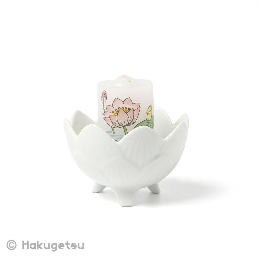 Lotus Shaped Ceramic Candle Stand with a Printed Candle, 2 Color Variations - HAKUGETSU