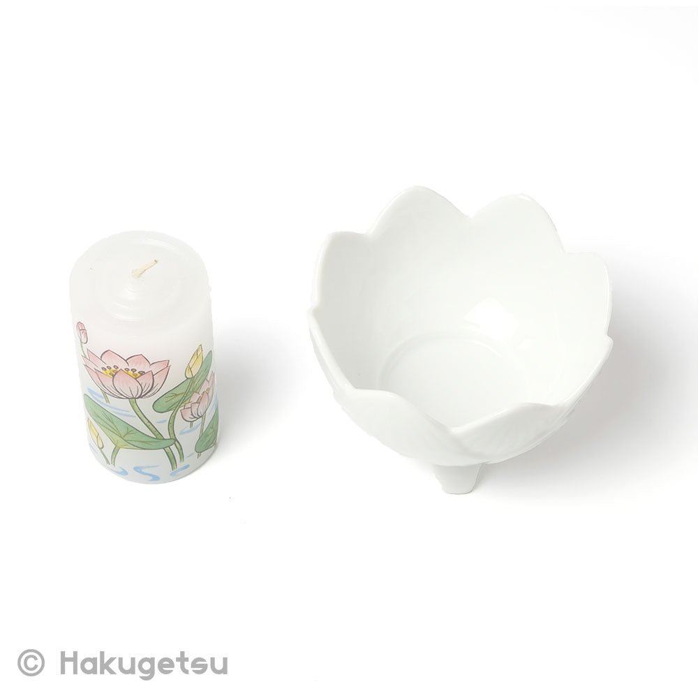 Lotus Shaped Ceramic Candle Stand with a Printed Candle, 2 Color Variations - HAKUGETSU