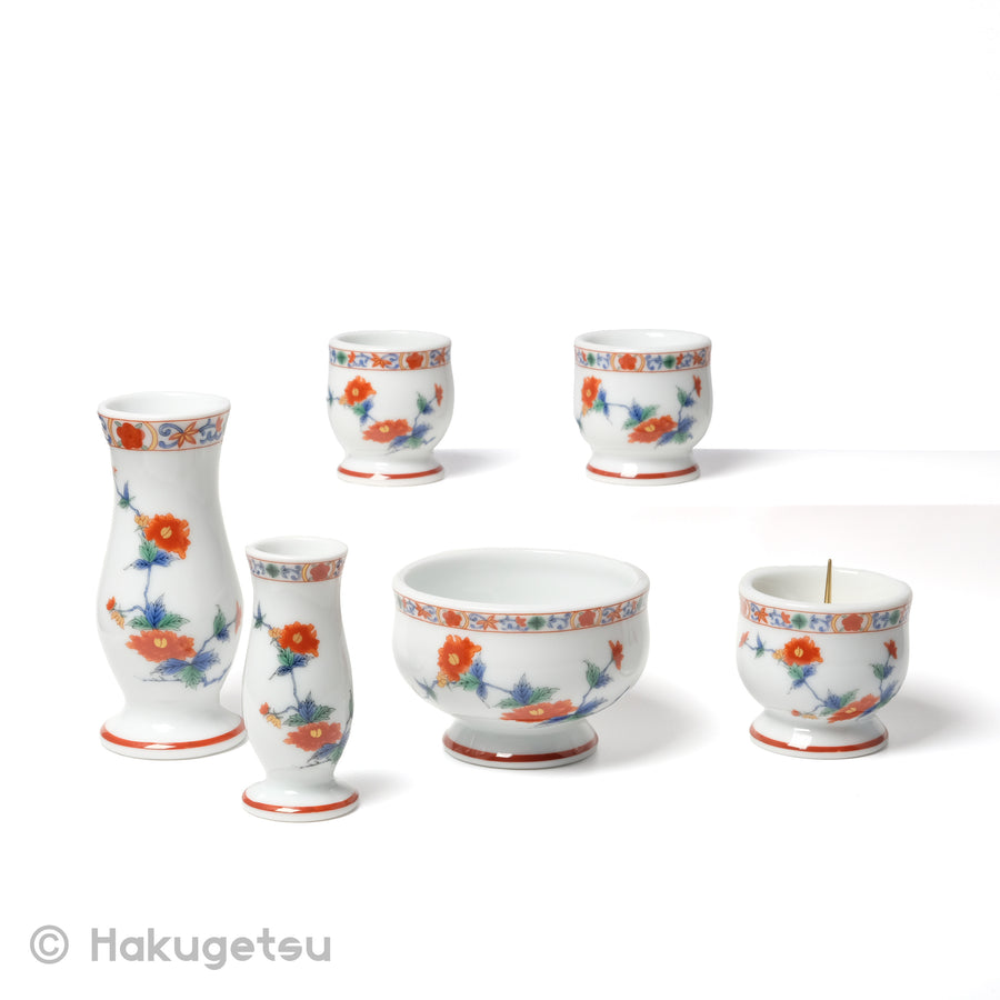 "Sayaka" Small Ceramic Buddhist Altar Set with Peony Design, 6-Piece - HAKUGETSU