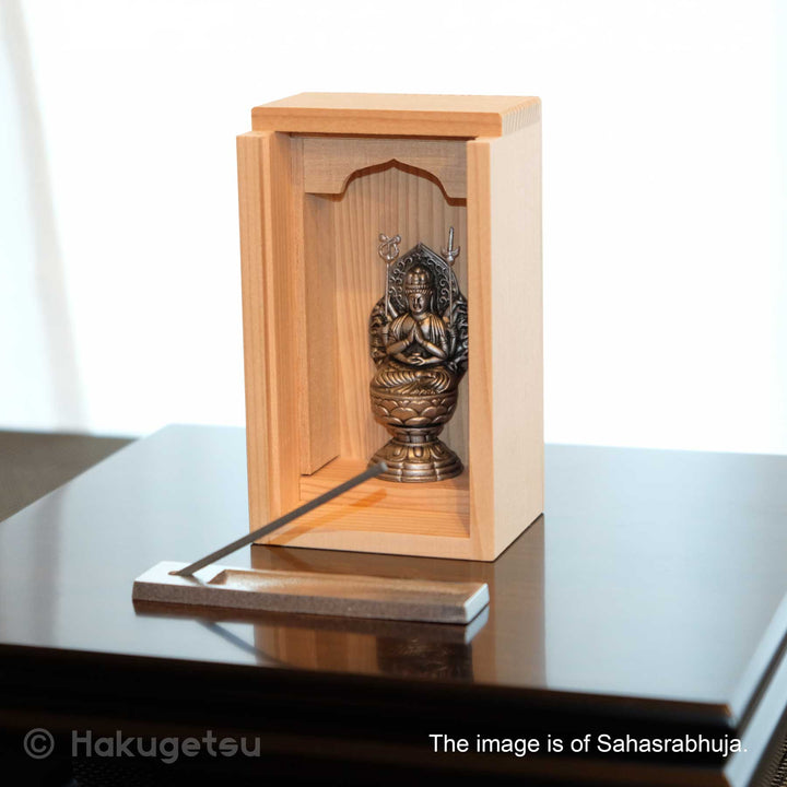 Statuette of Mañjuśrī in Wooden Cabinet with Incence & Holder - HAKUGETSU