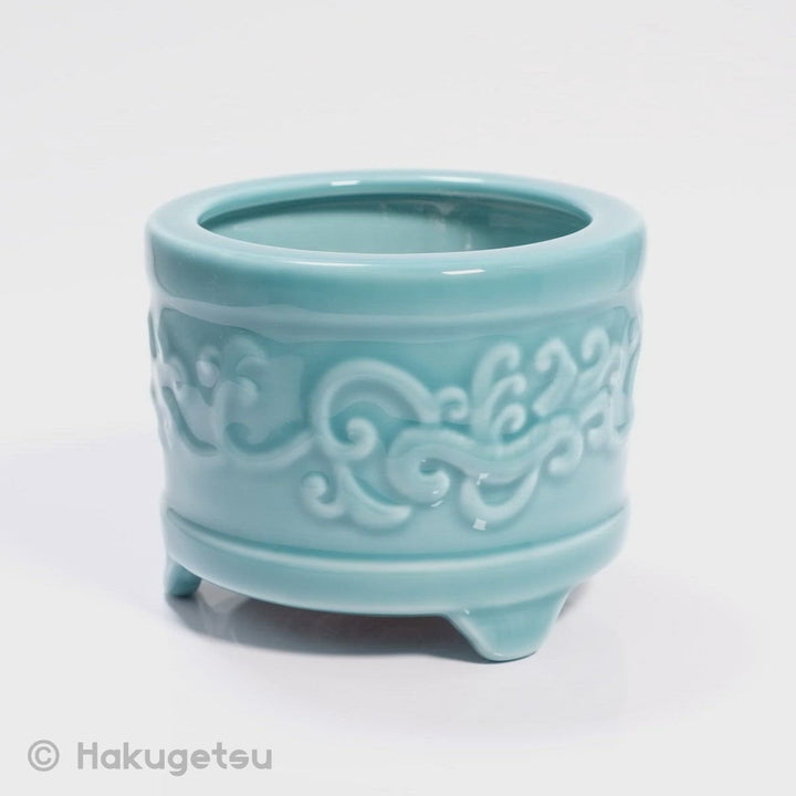Ceramic Incense Burner with Arabesque Relief , Light Blue, 2 Sizes