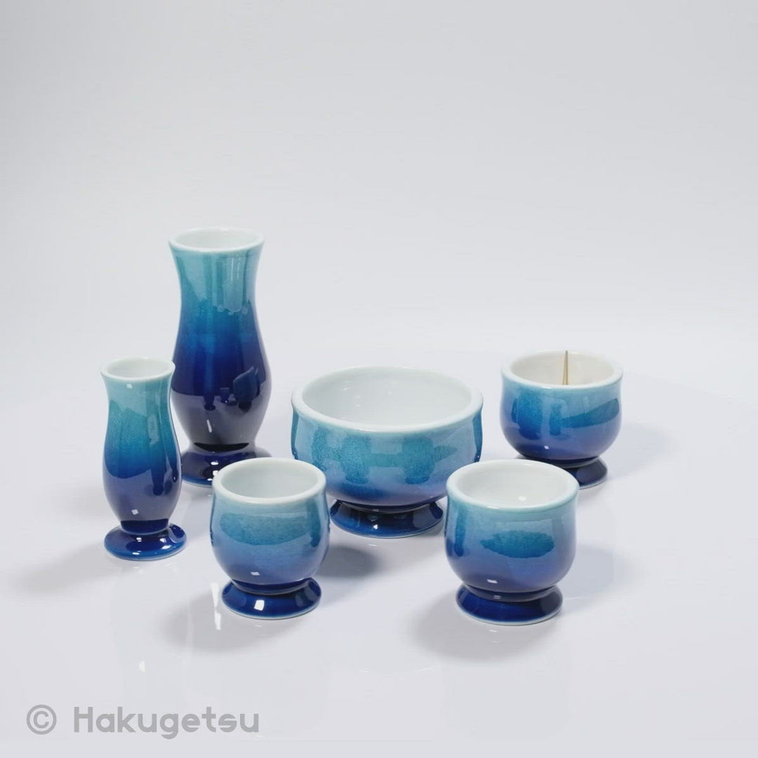 "Sayaka" Small Ceramic Buddhist Altar Set with Blue Gradient and light silver paint, 6-Piece